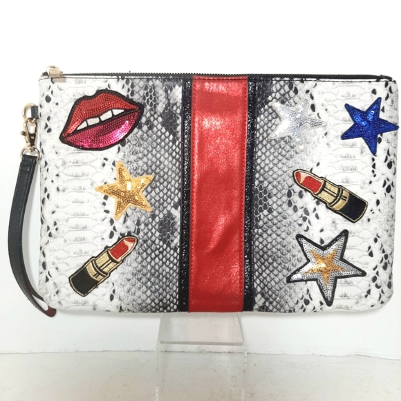 Stylish Snake Print Clutch with Red Accent.Embroidery and Sequin Accents - Picture 1 of 3